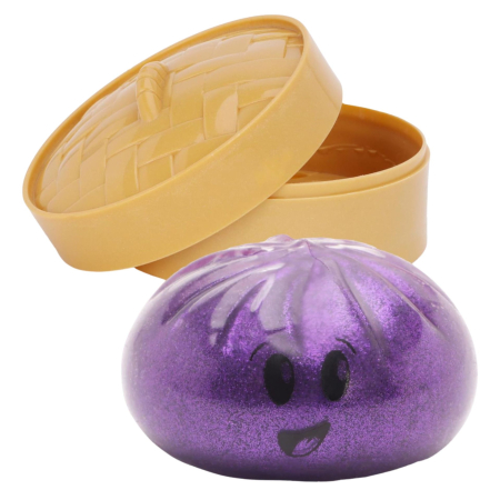 Jucării, copii și bebe - Jucarie Interactiva Dumpling Squishy, Flippy, Model Emoji Bun cu Sclipici, Jucarie Antistres pentru Copii si Maturi, Efect Calmant cu Revenire Lenta, 10 x 10 cm, Mov