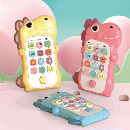 Jucarie Interactiva, Flippy, Telefon Inteligent, Model Dinozaur, Functii Educative, Muzicale si Voce, 4-6 ani, 19 x 11.5 cm, din Plastic, Galben [1]