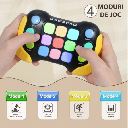 Jucarie Interactiva Flippy, Tip Consola Pop It, 6 butoane functionale, 5 Moduri de Joc, 600 Niveluri, + 3 ani, Galben/Negru [10]