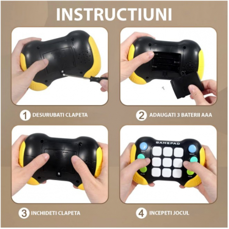 Jucarie Interactiva Flippy, Tip Consola Pop It, 6 butoane functionale, 5 Moduri de Joc, 600 Niveluri, + 3 ani, Galben/Negru [7]