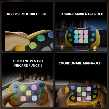 Jucarie Interactiva Flippy, Tip Consola Pop It, 6 butoane functionale, 5 Moduri de Joc, 600 Niveluri, + 3 ani, Galben/Negru [9]