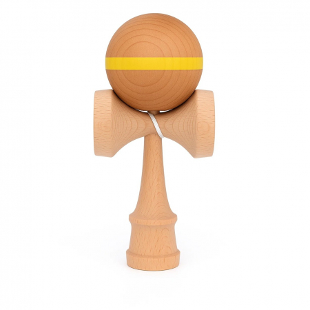 Kendama - Jucarie Interactiva Kendama, Flippy, din Lemn, 18 cm, Joc de Indemanare pentru Copii si Adulti, Model cu Dunga, Galben