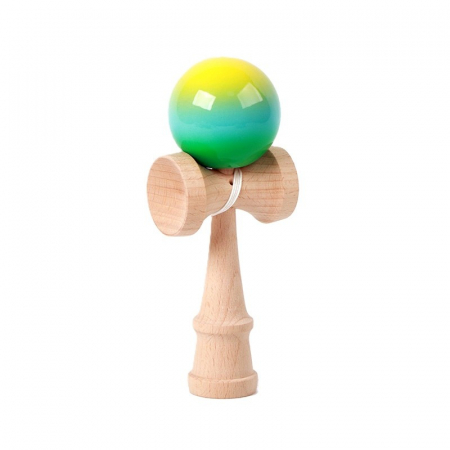 Kendama - Jucarie Interactiva Kendama, Flippy, din Lemn, 18 cm, Joc de Indemanare pentru Copii si Adulti, Model Gradient 12, Galben/Albastru/Verde