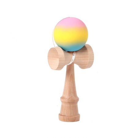 Kendama - Jucarie Interactiva Kendama, Flippy, din Lemn, 18 cm, Joc de Indemanare pentru Copii si Adulti, Model Gradient 2, Roz/Galben/Albastru