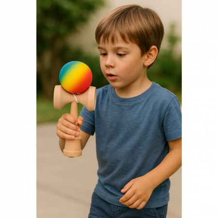 Jucarie Interactiva Kendama, Flippy, din Lemn, 18 cm, Joc de Indemanare pentru Copii si Adulti, Model Gradient 3, Rosu/Galben/Albastru [2]