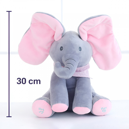 Jucarie Interactiva pentru Copii, Flippy, Elefantel Peek-a-boo, Muzica, Misca Urechile, Alimentare cu Baterii, 30 cm, Roz-Gri [7]