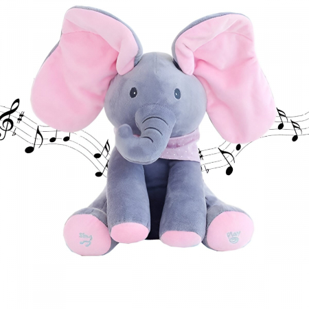 Jucarie Interactiva pentru Copii, Flippy, Elefantel Peek-a-boo, Muzica, Misca Urechile, Alimentare cu Baterii, 30 cm, Roz-Gri [11]