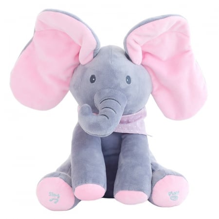 Jucarii, Copii & Bebe - Jucarie Interactiva pentru Copii, Flippy, Elefantel Peek-a-boo, Muzica, Misca Urechile, Alimentare cu Baterii, 30 cm, Roz-Gri