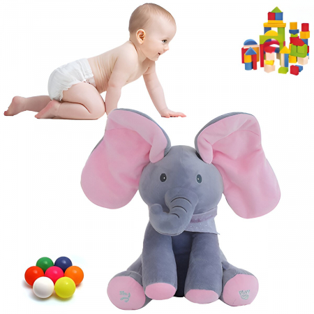 Jucarie Interactiva pentru Copii, Flippy, Elefantel Peek-a-boo, Muzica, Misca Urechile, Alimentare cu Baterii, 30 cm, Roz-Gri [9]