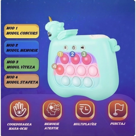 Jucarie interactiva tip consola pentru copii, 12 nivele, diferite moduri de joc, sunete si lumini, Unicorn, Albastru [2]