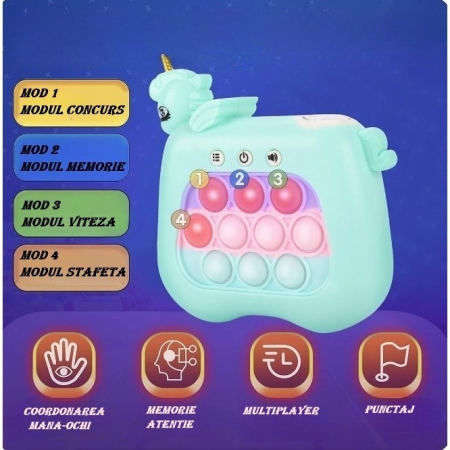 Jucarie Interactiva Tip Consola pentru Copii, Flippy, 12 Nivele, Diferite Moduri de Joc, Material ABS/silicon, cu Nivele, Sunete si Lumini, 13.5 x 5.5 x 12.5 cm, Model Unicorn, Albastru [3]