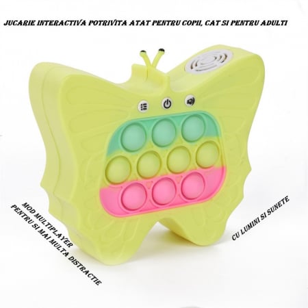 Jucarie Interactiva Tip Consola pentru Copii, Flippy, Diferite Moduri de Joc, 120 Nivele, Material ABS/silicon, cu Nivele, Sunete si Lumini, 12 x 5.5 x 13.5 cm cm, Model Fluture, Galben [3]