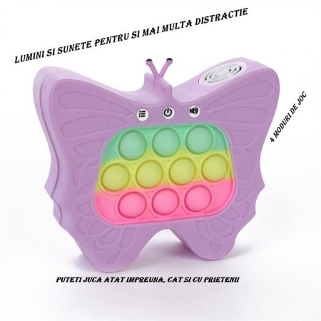 * LICHIDARE STOC * Jucarie Interactiva Tip Consola pentru Copii, Flippy, Diferite Moduri de Joc, 120 Nivele, Material ABS/silicon, Sunete si Lumini, 12 x 5.5 x 13.5 cm, Model Fluture, Mov [1]