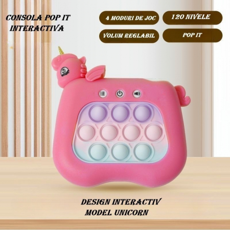 Jucarie Interactiva Tip Consola pentru Copii, Flippy, Diferite Moduri de Joc, 120 Nivele, Material ABS/silicon, Sunete si Lumini, 13.5 x 5.5 x 12.5 cm, Model Unicorn, Fucsia [4]