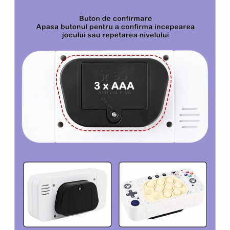 Jucarie interactiva tip consola pentru copii Flippy, speed push whack-a-mole, joc de viteza pop it, material ABS/silicon, cu nivele, sunete si lumini, 15.5 x 7.6 x 5.3 cm, model astronaut, alb [5]