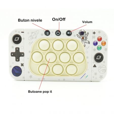 Jucarie interactiva tip consola pentru copii Flippy, speed push whack-a-mole, joc de viteza pop it, material ABS/silicon, cu nivele, sunete si lumini, 15.5 x 7.6 x 5.3 cm, model astronaut, alb [4]