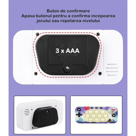 Jucarie interactiva tip consola pentru copii Flippy, speed push whack-a-mole, joc de viteza pop it, material ABS/silicon, cu nivele, sunete si lumini, 15.5 x 7.6 x 5.3 cm, model spatiu, multicolor [5]