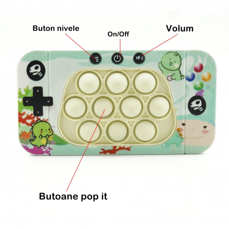 Jucarie interactiva tip consola pentru copii Flippy, speed push whack-a-mole, joc de viteza pop it, material ABS/silicon, cu nivele, sunete si lumini, 15.5 x 7.6 x 5.3 cm, model dinozaur, verde [4]
