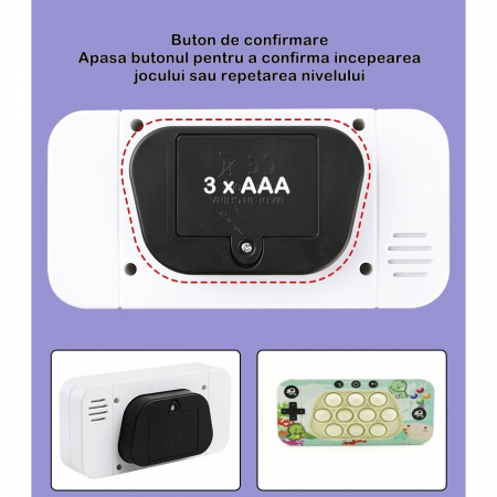 Jucarie interactiva tip consola pentru copii Flippy, speed push whack-a-mole, joc de viteza pop it, material ABS/silicon, cu nivele, sunete si lumini, 15.5 x 7.6 x 5.3 cm, model dinozaur, verde [5]