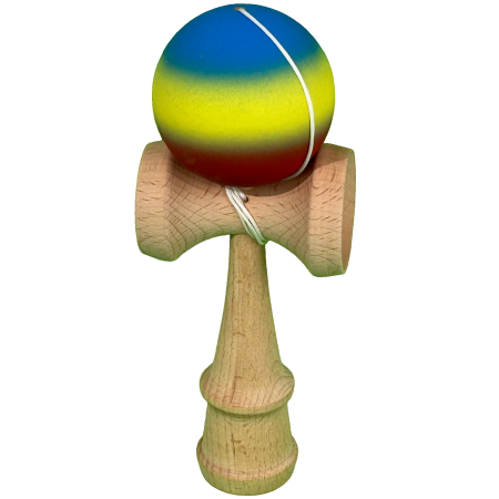 Kendama - Jucarie Kendama X Originala, Profesionala, Flippy, din Lemn, Rubber Grip, 18 cm, Gradient Albastru/Galben/Rosu