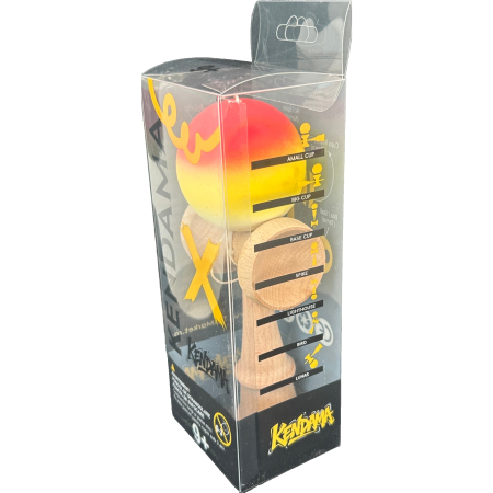 Jucarie Kendama X Originala, Profesionala, Flippy, din Lemn, Rubber Grip, 18 cm, Gradient Rosu Galben Alb [2]