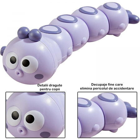 Jucarie mecanica pentru copii Flippy, omida haioasa, cu cheita, distractiva, se taraste, se misca, 15 x 4 cm, mov [1]