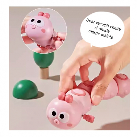 Jucarie mecanica pentru copii Flippy, omida haioasa, material ABS, cu cheita, distractiva, se taraste, se misca, 15 x 4 cm, roz [6]