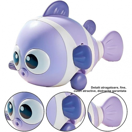 Jucarie mecanica pentru copii Flippy, pestisor haios, cu cheita, distractiv, se taraste, se misca, 11 x 9 x 7.5 cm cm, mov [1]