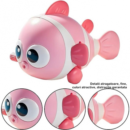 Jucarie mecanica pentru copii Flippy, pestisor haios, cu cheita, distractiv, se taraste, se misca, 11 x 9 x 7.5 cm cm, roz [1]