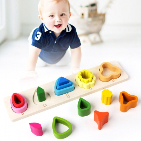 Jucarie Montessori din Lemn, Flippy, Tip Puzzle, cu 5 Forme Asimetrice, 15 Piese, Educativa, Interactiva, Creativa, Model Copaci, Materiale Non Toxice, +2 Ani, 29x6.5 cm, Multicolor [1]