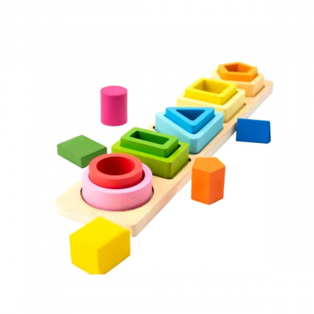 Jucarie Montessori din Lemn, Flippy, Tip Puzzle, cu 5 Forme Asimetrice, 15 Piese, Educativa, Interactiva, Creativa, Model Forme Geometrice, Materiale Non Toxice, +2 Ani, 29x6.5 cm, Multicolor [4]