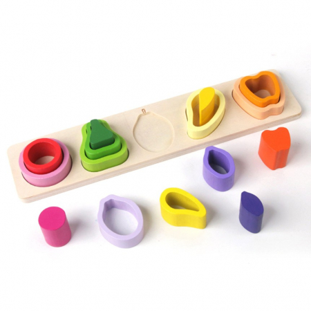 Jucarie Montessori din Lemn, Flippy, Tip Puzzle, cu 5 Forme Asimetrice, 15 Piese, Model Fructe, Educativa, Interactiva, Creativa, Materiale Non Toxice, +2 Ani, 29x6.5 cm, Multicolor [5]
