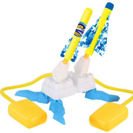Jocuri si jucarii interactive - Lichidare Jucarie pentru Copii, Flippy, Lansator de Rachete cu Piciorul, Doua Lansatoare, 4 Rachete Fara Lumini, 2 Aircrafts, 33x25x27 cm, Galben-Albastru