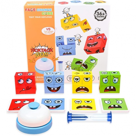Jucarii, Copii & Bebe - Jucarie Pentru Copii Montessori Flippy, Cub din Lemn, Asamblare Fete, 64 de Carti Distractive, Clepsidra si Clopotel inclus, pentru Baieti si Fete, Varsta +3 ani, Educativ, Cutie din carton, 21 x 21 x