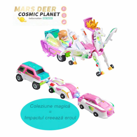 Jucarie Transformer Magnetica 3 in 1 Mars Deer Cosmic Planet, Flippy, 3 Masini Care se Transforma in Pegas Inaripat, Atractie Magnetica, 3+ Ani, din ABS, Roz [2]