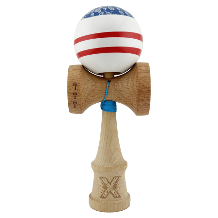 Kendama - Kendama X CHICANOS Originala, Profesionala, Flippy, Big Cups V2, Super Sticky cu Cupe Mari, Rulment Metalic, din lemn 18 cm, Ata 55 cm, Albastru/Alb