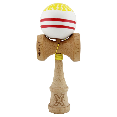 Kendama - Kendama X CHICANOS Originala, Profesionala, Flippy, Big Cups V2, Super Sticky cu Cupe Mari, Rulment Metalic, din lemn 18 cm, Ata 55 cm, Auriu/Alb