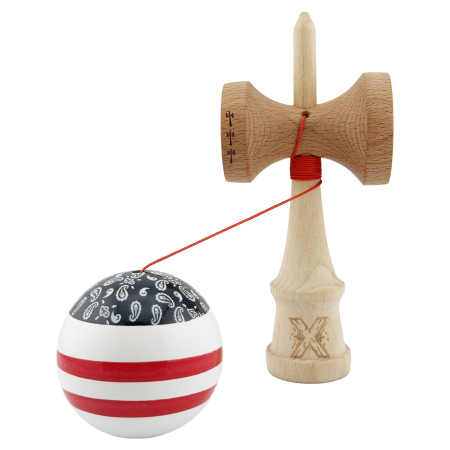 Kendama X CHICANOS Originala, Profesionala, Flippy, Big Cups V2, Super Sticky cu Cupe Mari, Rulment Metalic, din lemn 18 cm, Ata 55 cm, Negru/Alb [2]