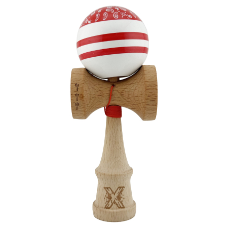 Kendama - Kendama X CHICANOS Originala, Profesionala, Flippy, Big Cups V2, Super Sticky cu Cupe Mari, Rulment Metalic, din lemn 18 cm, Ata 55 cm, Rosu/Alb