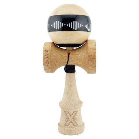 Kendama - Kendama X FREQUENCY Originala, Profesionala, Flippy, Big Cups V2, Super Sticky cu Cupe Mari, Rulment Metalic, din lemn 18 cm, Ata 55 cm, Negru/Maro
