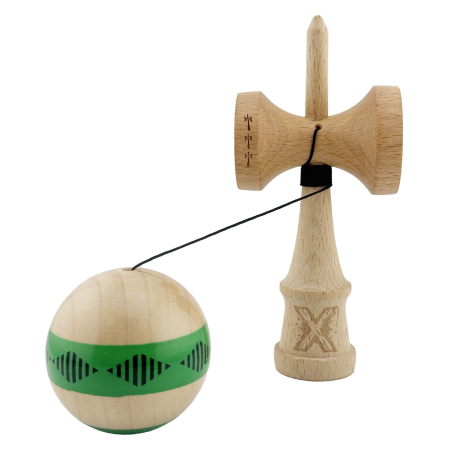 Kendama X FREQUENCY Originala, Profesionala, Flippy, Big Cups V2, Super Sticky cu Cupe Mari, Rulment Metalic, din lemn 18 cm, Ata 55 cm, Verde/Maro [2]