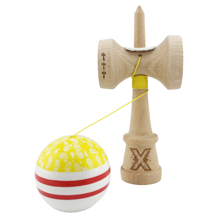 Kendama X Originala CHICANOS, Profesionala, Flippy, Cupe Mari KING SIZE V3, Super Sticky, Gaura in Baza, Rulment Metalic, din lemn 18 cm, Ata 62/65 cm, Galben/Alb [3]