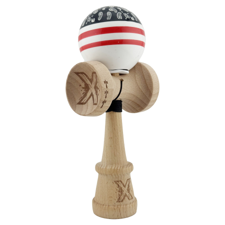Kendama - Kendama X Originala CHICANOS, Profesionala, Flippy, Cupe Mari KING SIZE V3, Super Sticky, Gaura in Baza, Rulment Metalic, din lemn 18 cm, Ata 62/65 cm, Negru/Alb