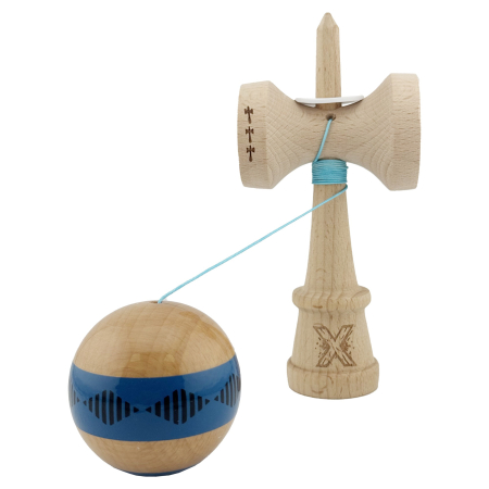 Kendama X Originala FREQUENCY, Profesionala, Flippy, Cupe Mari KING SIZE V3, Super Sticky, Gaura in Baza, Rulment Metalic, din lemn 18 cm, Ata 62/65 cm, Albastru/Maro [3]
