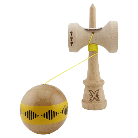Kendama X Originala FREQUENCY, Profesionala, Flippy, Cupe Mari KING SIZE V3, Super Sticky, Gaura in Baza, Rulment Metalic, din lemn 18 cm, Ata 62/65 cm, Galben/Maro [3]
