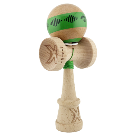 Kendama - Kendama X Originala FREQUENCY, Profesionala, Flippy, Cupe Mari KING SIZE V3, Super Sticky, Gaura in Baza, Rulment Metalic, din lemn 18 cm, Ata 62/65 cm, Verde/Maro