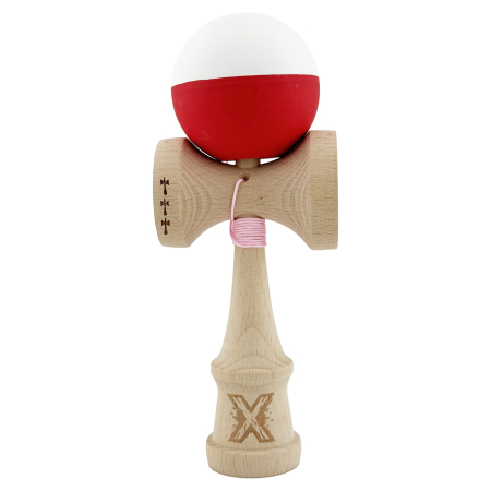 Sub 99 Lei - Kendama X Originala, Profesionala, Flippy, Big Cups V2, Rubber Grip cu Cupe Mari, Rulment Metalic cu Ata 55 cm, Alb/Rosu