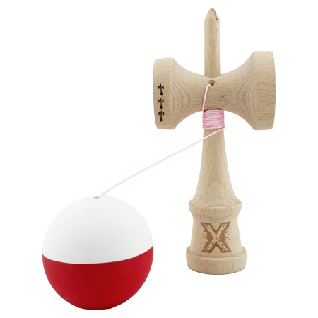 Kendama X Originala, Profesionala, Flippy, Big Cups V2, Rubber Grip cu Cupe Mari, Rulment Metalic cu Ata 55 cm, Alb/Rosu [2]