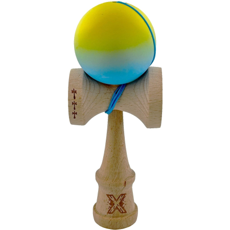 Sub 99 Lei - Kendama X Originala, Profesionala, Flippy, Big Cups V2, Rubber Grip cu Cupe Mari, Rulment Metalic cu Ata 55 cm, Gradient Galben/Albastru