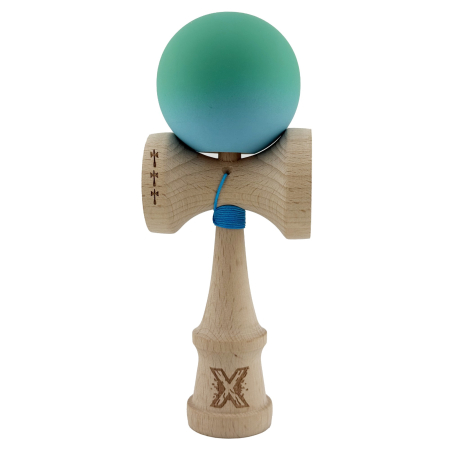 Sub 99 Lei - Kendama X Originala, Profesionala, Flippy, Big Cups V2, Rubber Grip cu Cupe Mari, Rulment Metalic cu Ata 55 cm, Verde/Albastru